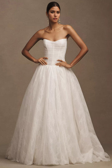 Strapless Tulle Basque-Waist Ball-Skirt Wedding Gown